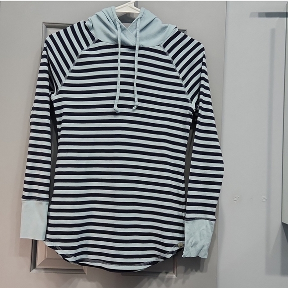 Eddie Bauer Tops - Eddie Bauer Navy Light Blue Striped Favorite Pullover Long Sleeve Hoodie Tee